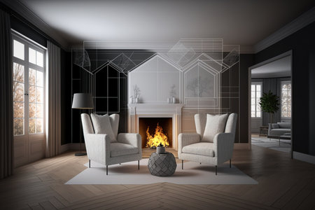 Interior of a living room with a wooden floor, a fireplace, and two armchairs next to the fireplace. The interior is white and gray. prototype of a double exposure toned imageの素材