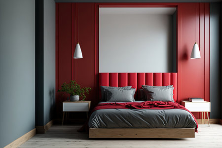 Interior of a minimalist bedroom featuring a red bed, grey sheets, and wooden furniture. Inspiration for the glamour look. Templateの素材