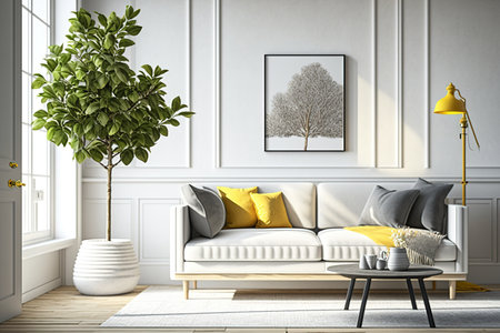 Interior of a living room with a sofa and armchair made of white fabric, a floor lamp, and a lemon tree in a vase on a wooden coffee tableの素材