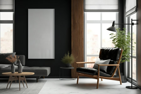 Interior of a living room in black and wood with a white recliner, coffee table, tall poster, and loft window. a mockupの素材