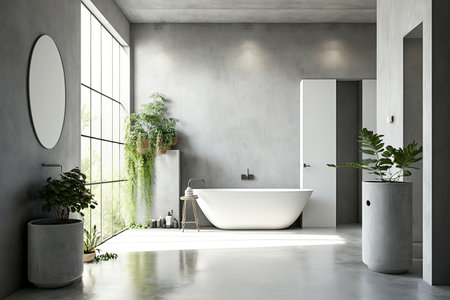 Interior of a loft bathroom with gray walls and a concrete floor. Near the window is an angular white tub. There is a potted plant close by. a mockupの素材