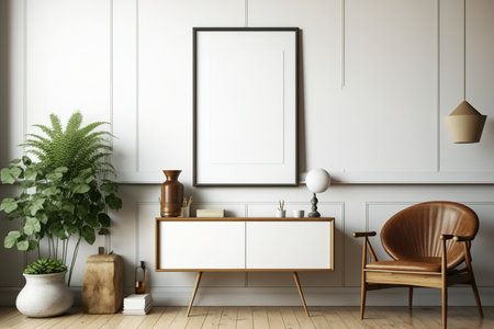 Minimalist living room with mock-up poster frame, beige commode, retro vase, and other personal items. Templateの素材