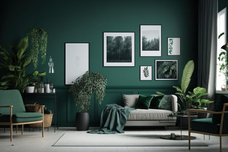 A minimalist living room with chairs, plants, and 8 frames in a flat pastel dark green toneの素材