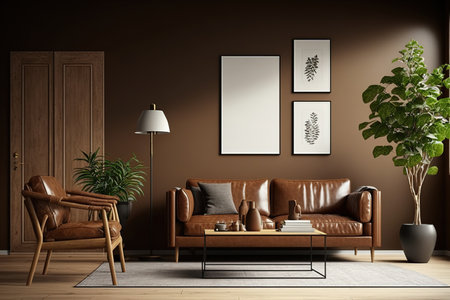 Interior of contemporary living room with brown leather sofa and armchair, floor lamp, and branches in vase on wooden coffee table. Horizontal blank poster on brown wallの素材