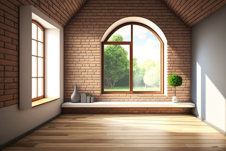 Interior of empty room with brick and wood walls and a large window. Renovation concept. a mockupの素材