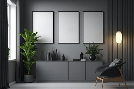 Interior of a contemporary living room with three vertical rows of mockup posters and gray walls, furniture, and cabinets. Idea behind advertisingの素材
