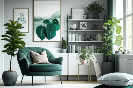 Interior of an elegant living room with a nice chair, couch, and bookshelfの素材