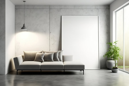 Interior of contemporary concrete living room with sofa, floor light, and blank billboard on wall. Comfort and relaxation idea. a mockupの素材