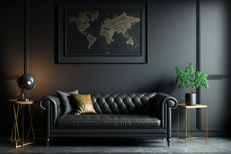Interior of black living room with leather sofa and minimalist industrial design ,の素材
