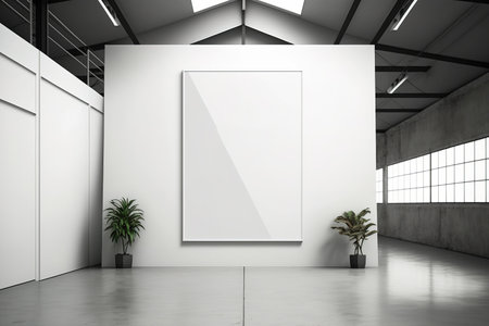 Interior of contemporary, white hangar with blank mock up poster on wall. Concepts of space and designの素材