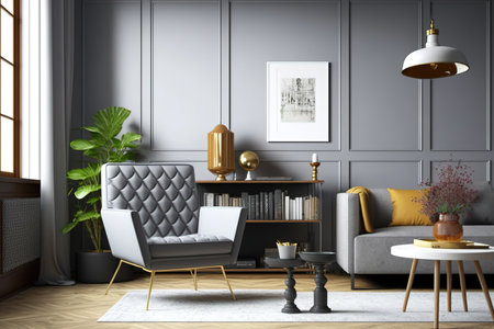 Gray-walled modern living room with wood floors. Wall copy. Gray leather sofa, armchair, floor lamp, coffee table with vase and books, fur carpet. illustrationの素材