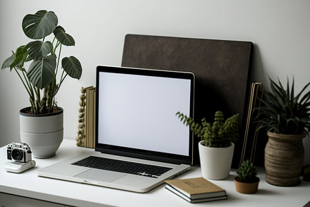 A mock-up or copy space is a workstation with a laptop screen, office supplies, a plant, and a white wallの素材