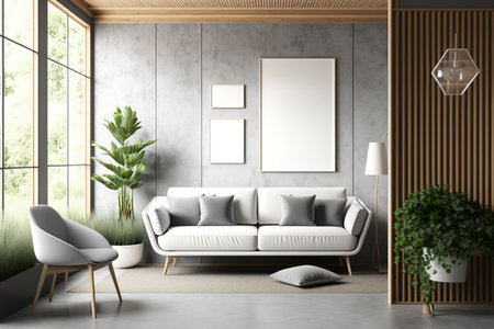 An elegant living room with white and wooden walls, concrete furniture, a gray sofa, and an armchair. horizontal poster mockupの素材