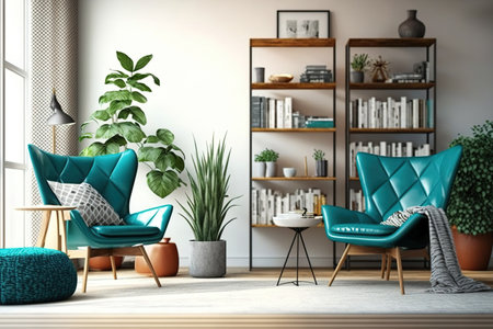 Living room with two cozy cyan leather armchairs with plaid, wooden triangular coffee table, floor light, and bookshelf on white wall. illustrationの素材
