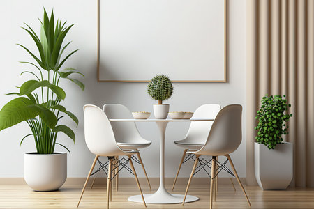 Interior of a light dining room with a table and four beige chairs, modern furnishings on a parquet floor, and a potted plant. Blank space for copying on a wallの素材
