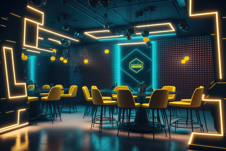 Interior of futuristic cyberpunk nightclub with bar and neon lightingの素材
