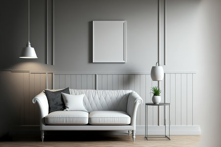 Interiors with a minimalistic style, a light gray sofa with a lamp against a gray wall, and wooden floorsの素材
