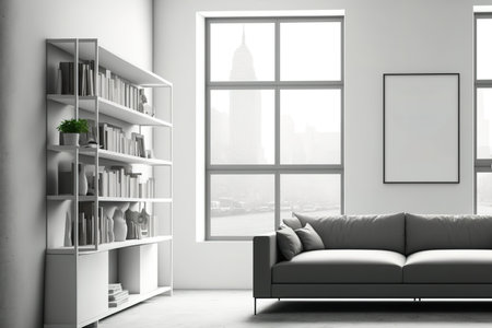 Interior of white living room with sofa and coffee table, bookshelf, side view, and light concrete floor. a large window with a cityscape. Poster mockupの素材