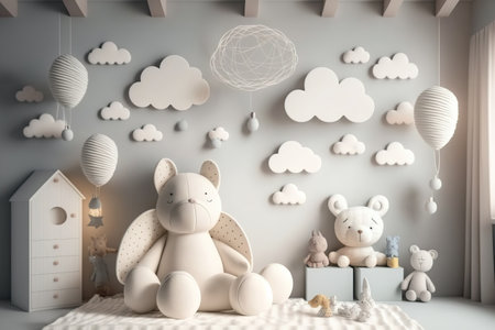 Kids bedroom with plush animals and wall decorの素材
