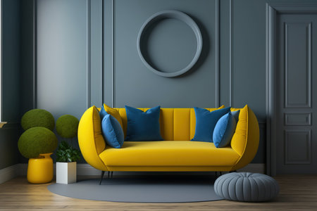 Interior of living room with gray walls, wooden floor, blue sofa with yellow cushion, round coffee table and pillow on the floorの素材
