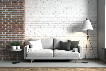 Interior of modern living room with red brick wall and wooden flooring. Gray fabric couch, floor lamp, coffee table with vase and books and fur rug. illustrationの素材