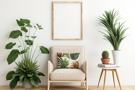 Interior poster mock-up on a white wall with plants and an empty wooden frameの素材