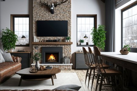 Interior of the living room in a rural home with a fireplaceの素材