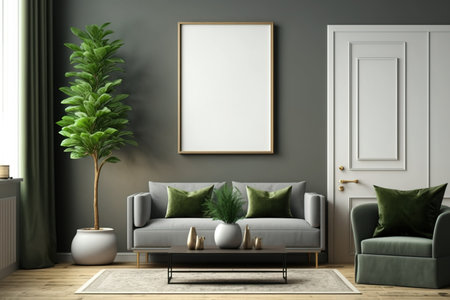 Interior of comfortable with luxury furniture and decorated in simple style with a houseplant in a pot, Mockup photo frame on the wall of the living room,の素材