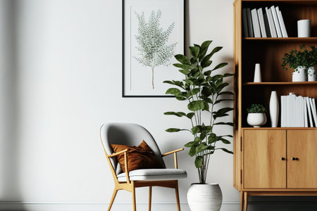 Interior of living room with chair, plants, and cabinet against blank white wall, minimalist designの素材