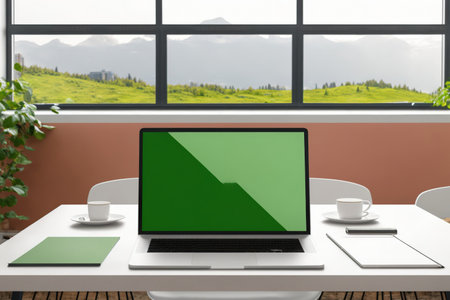 Front view of an illustration of a laptop with a blank, frameless screen in an industrial green, ecological office loftの素材