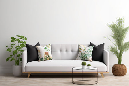 Interior wall mockup of a living room with a couch and pillows against a white backgroundの素材