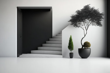 a mock up of a light blank concrete wall outside, black wooden stairs, and a little tree in a flowerpotの素材