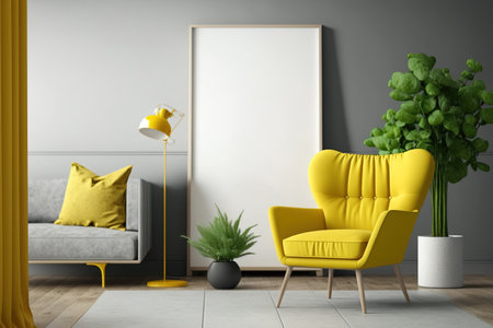 Modern living room with yellow chairs and gray wall posterの素材