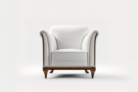 Isolated on a white background, a traditional art deco armchair with wooden legs and white velvet upholstery. many furniture typesの素材