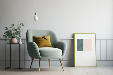 Interior with fabric armchair near empty wall.の素材