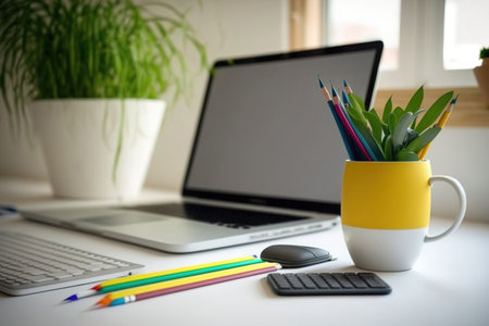 Laptop mockup, mug, colorful pencils, desk supplies, and white wall. Modern student workspaceの素材