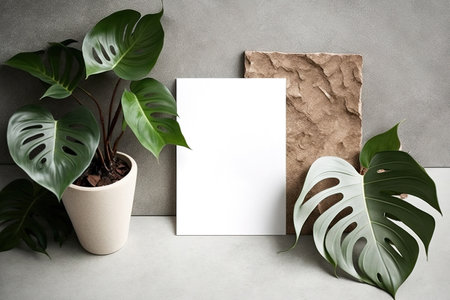Earth-tone invitation mock-up with white cards and exotic Philodendron dry leaves in a contemporary vase on a marble table with a concrete backdropの素材