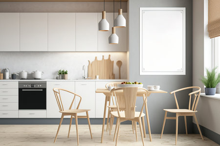 Mock up, toned image of a kitchen interior with a vertical poster, light wooden furniture, and gray seatsの素材