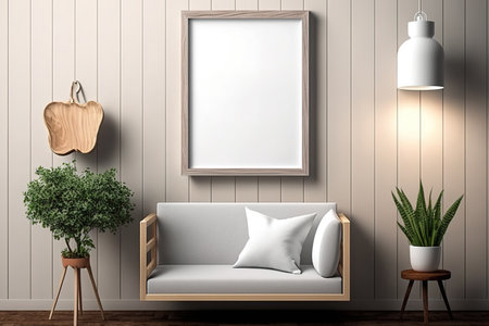 mock-up of an interior poster with a square wooden frame. Wood is used to embellish the wallの素材