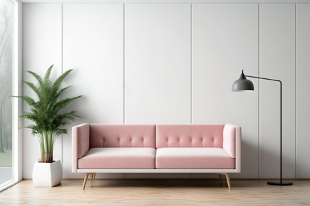 Interior wall mockup featuring a white wall that is bare and a pink sofa on wood flooringの素材