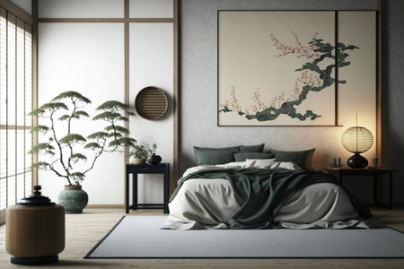 Japanese inspiration in stylish bedroom, real photo with mockup on the wallの素材