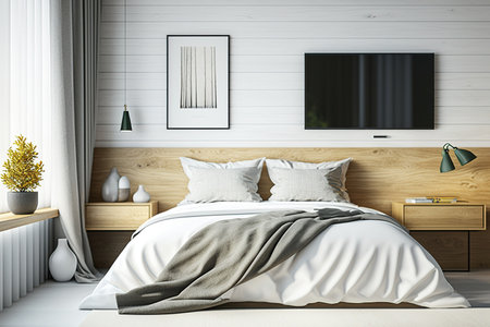 King sized bed, pillows, and white bedcover in a corner of a light colored timber bedroom. A long bedside table is located behind itの素材