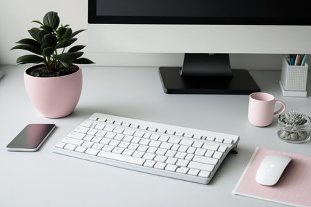 Inventive desk for the home office. Text is placed in a white copy space. office equipment, a keyboard, a notebook, and a pink vase. looking upの素材