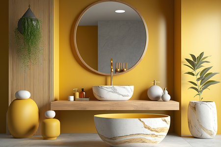 Yellow and beige colors dominate this simple Japandi bathroom. Mirror, bathtub, and washbasin made of marble and wood. Illustration of a farmhouse interior designの素材