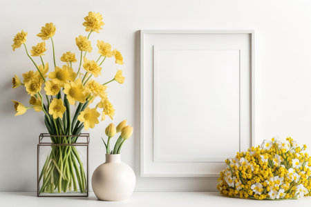 Landscape frame mockup on white wall with daffodils bouquet, blank artwork presentation mockupの素材