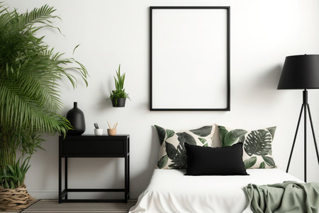 Interior poster mock up in the Scandinavian style with a vertical black frame that is emptyの素材