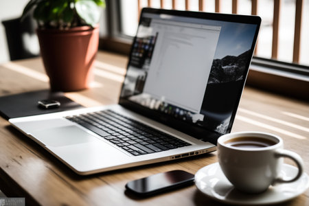 Coffee mug and blurry laptop on tableの素材
