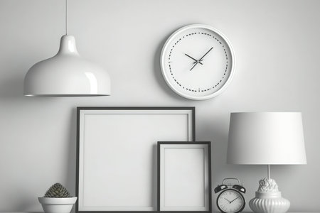 Mockup of a lamp and frames, a white shelf with a beautiful clock, an editable transparent image on a blank wall, and an interior design concept with text spaceの素材