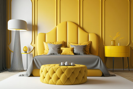 Interior scene and mockup of a luxurious bedroom in mustard yellow with curved furniture contrasting the wallsの素材