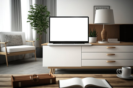 Interior with mock up of a blank laptop screen and chic home furnishings on a wooden chest of drawersの素材